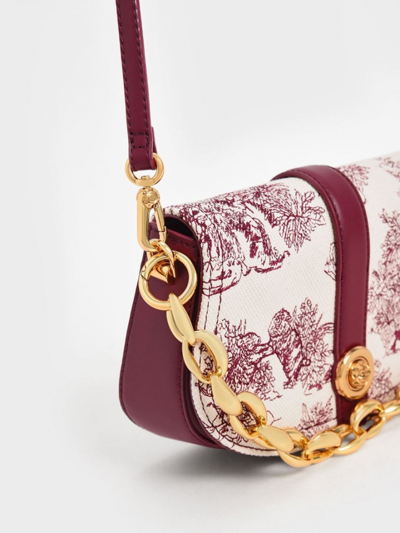 Charles And Keith Tiger Calligraphy Chain Handle Shoulder Bags Burgundy | PHILIPPINES S793