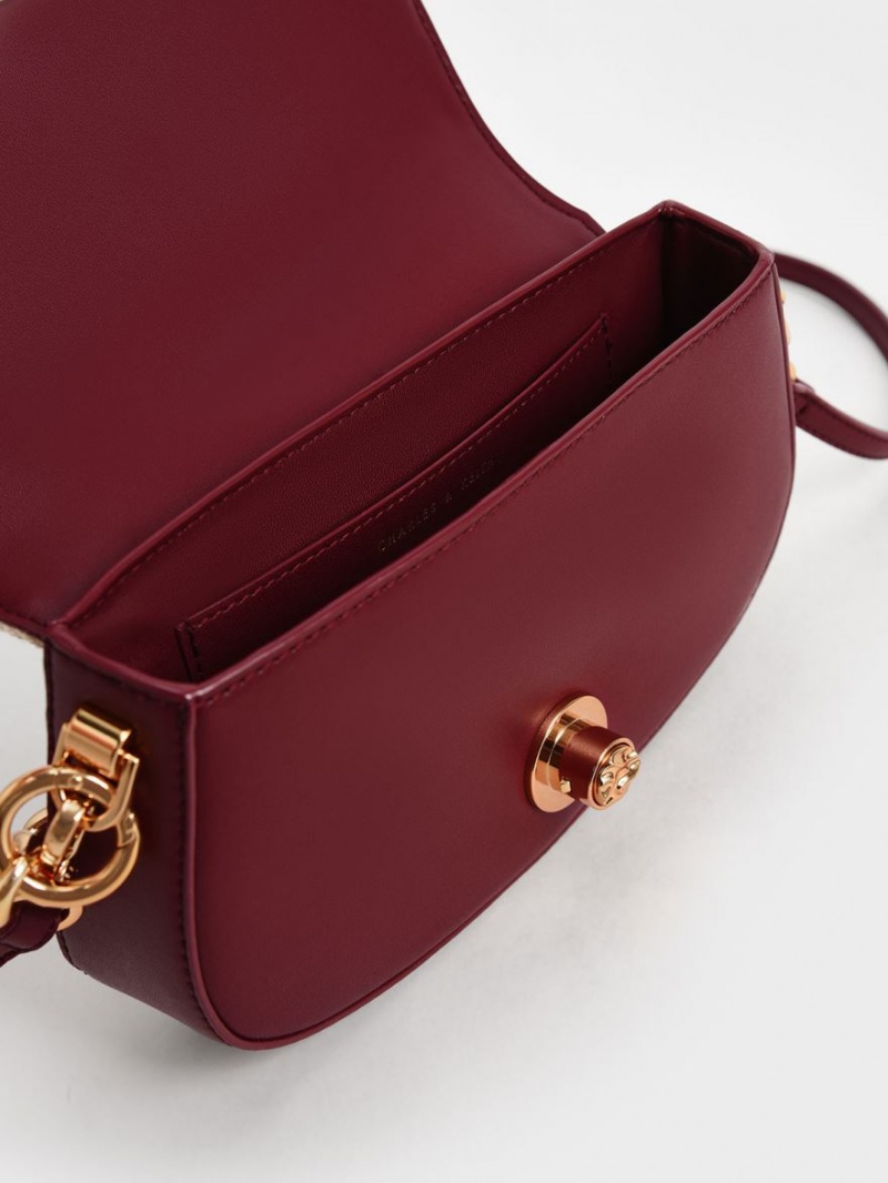 Charles And Keith Tiger Calligraphy Chain Handle Shoulder Bags Burgundy | PHILIPPINES S793