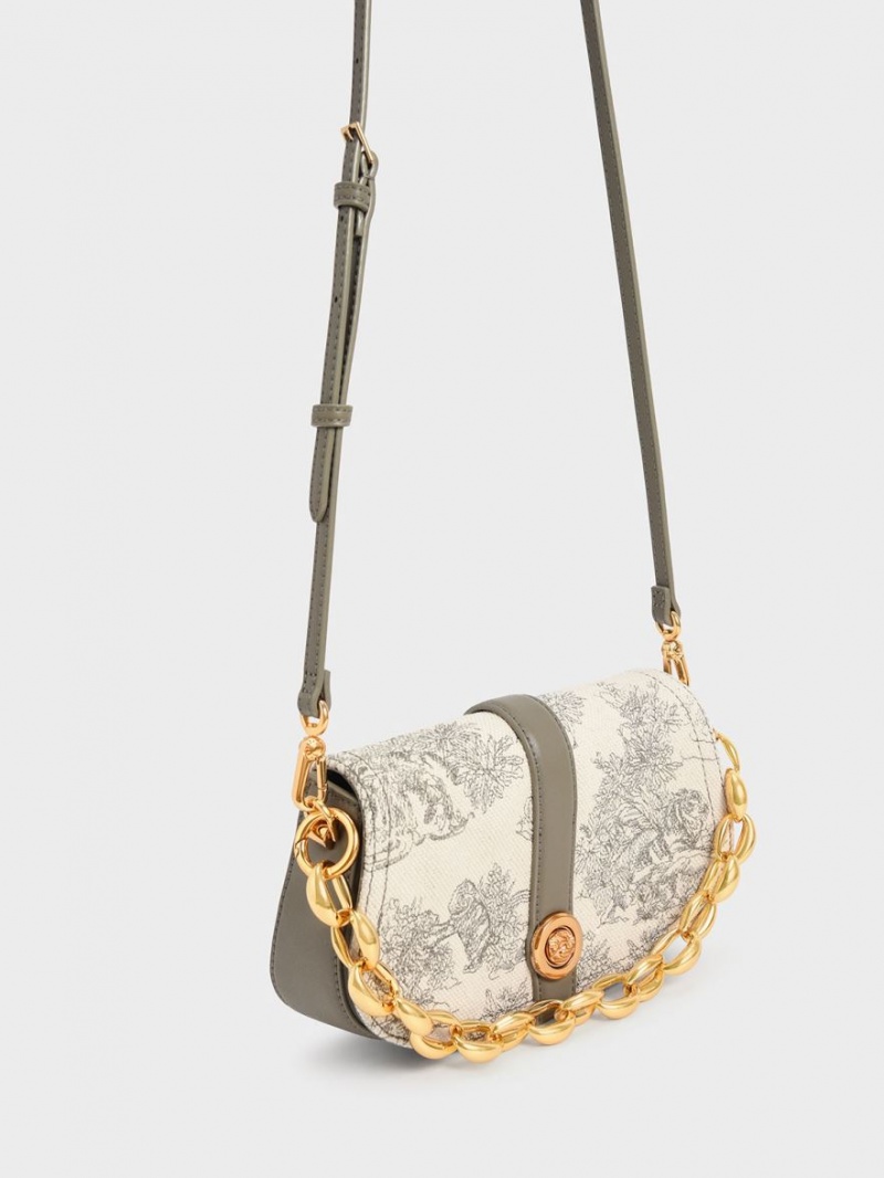 Charles And Keith Tiger Calligraphy Chain Handle Shoulder Bags Grey | PHILIPPINES D495