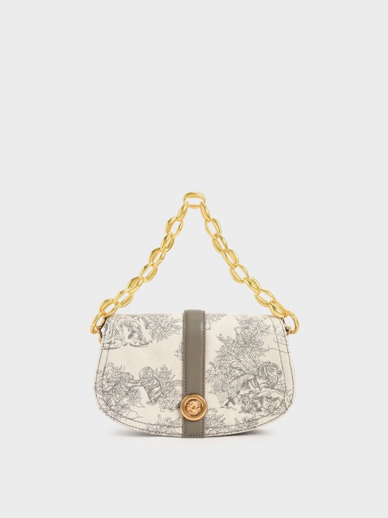 Charles And Keith Tiger Calligraphy Chain Handle Shoulder Bags Grey | PHILIPPINES D495