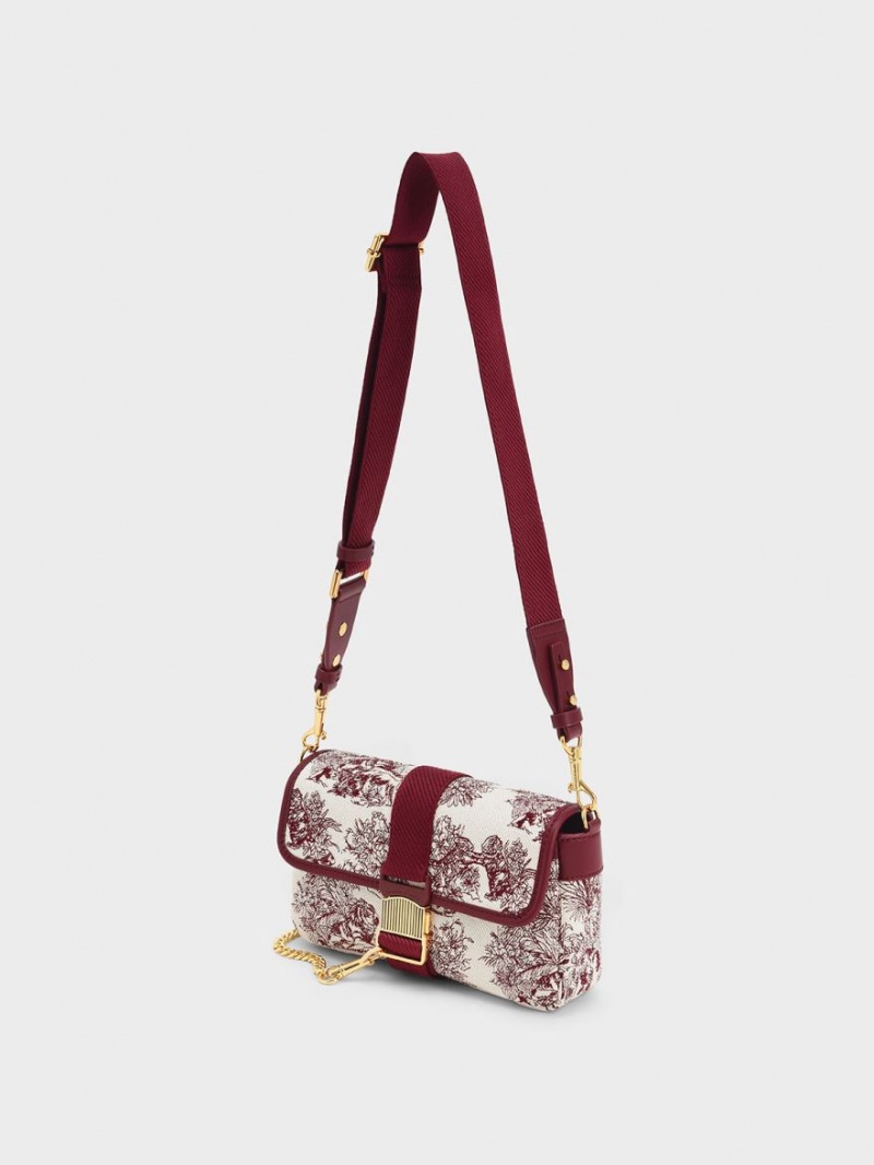 Charles And Keith Tiger Calligraphy Chain-Link Shoulder Bags Burgundy | PHILIPPINES S618