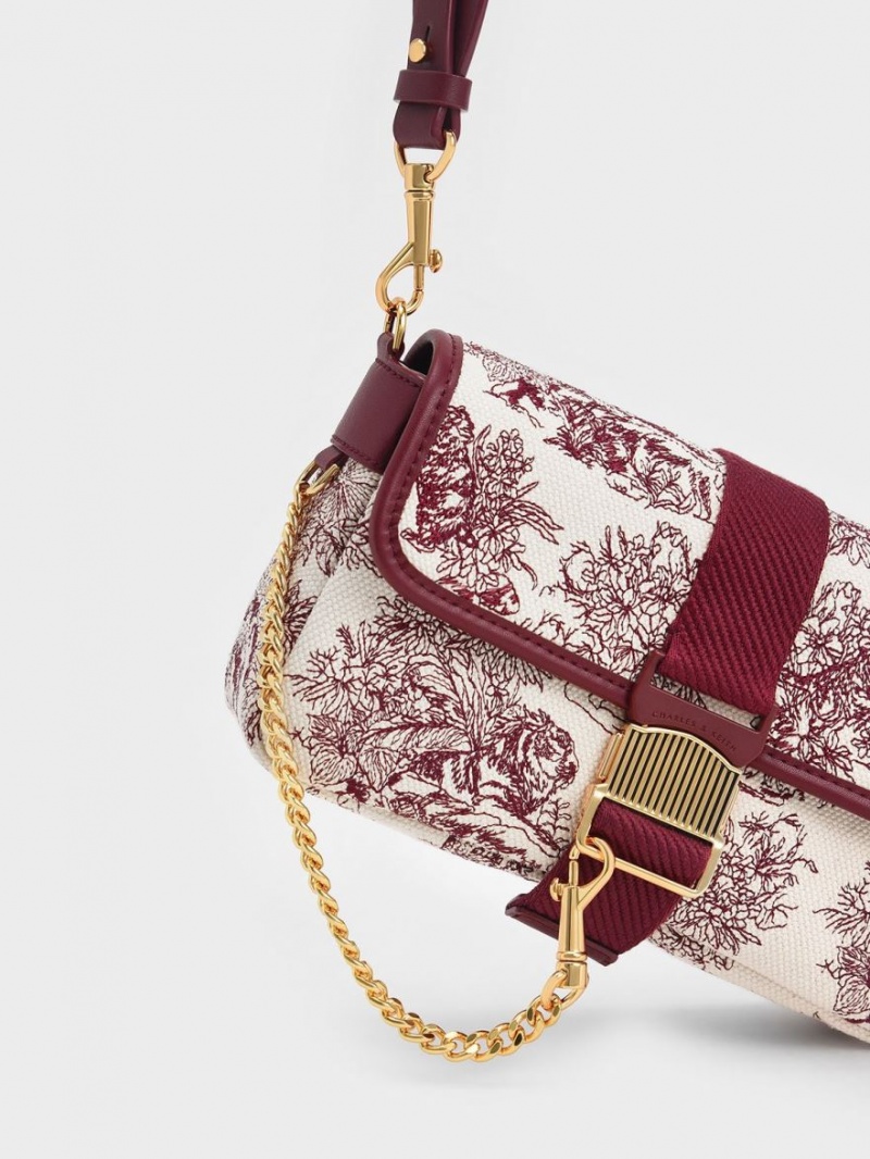 Charles And Keith Tiger Calligraphy Chain-Link Shoulder Bags Burgundy | PHILIPPINES S618