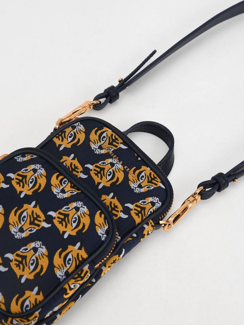 Charles And Keith Tiger Print Jacquard Long Crossbody Bags Navy | PHILIPPINES W126