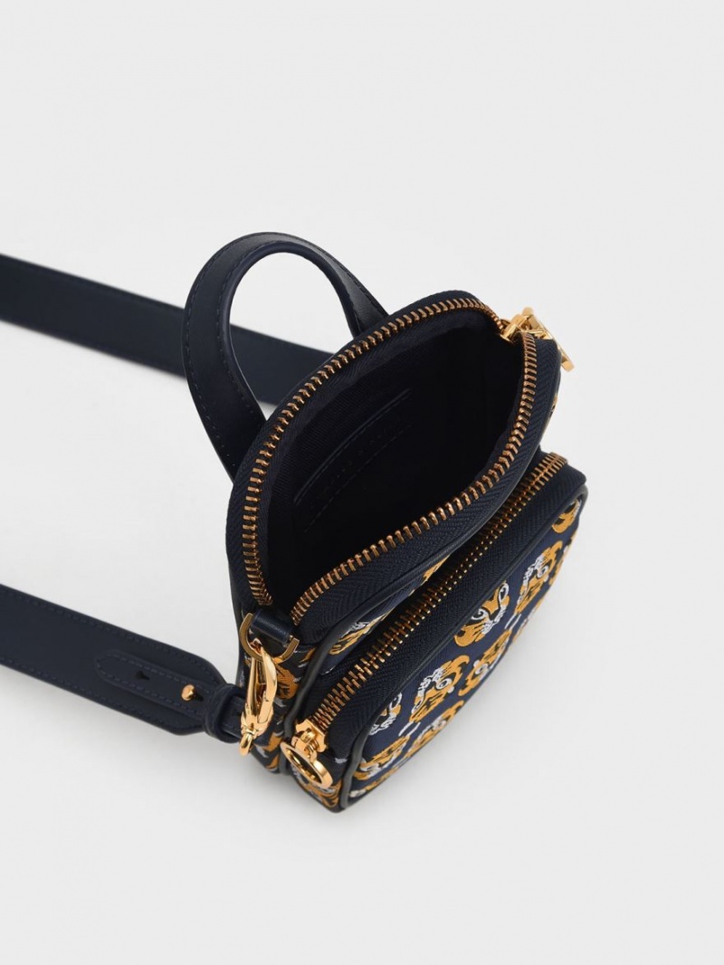 Charles And Keith Tiger Print Jacquard Long Crossbody Bags Navy | PHILIPPINES W126