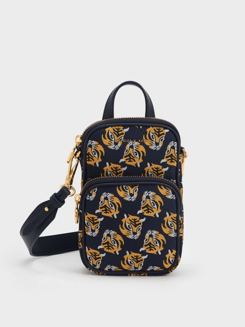 Charles And Keith Tiger Print Jacquard Long Crossbody Bags Navy | PHILIPPINES W126