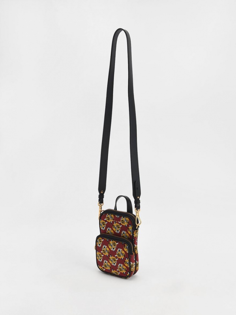 Charles And Keith Tiger Print Jacquard Long Crossbody Bags Red | PHILIPPINES L367