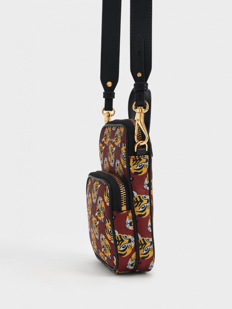 Charles And Keith Tiger Print Jacquard Long Crossbody Bags Red | PHILIPPINES L367