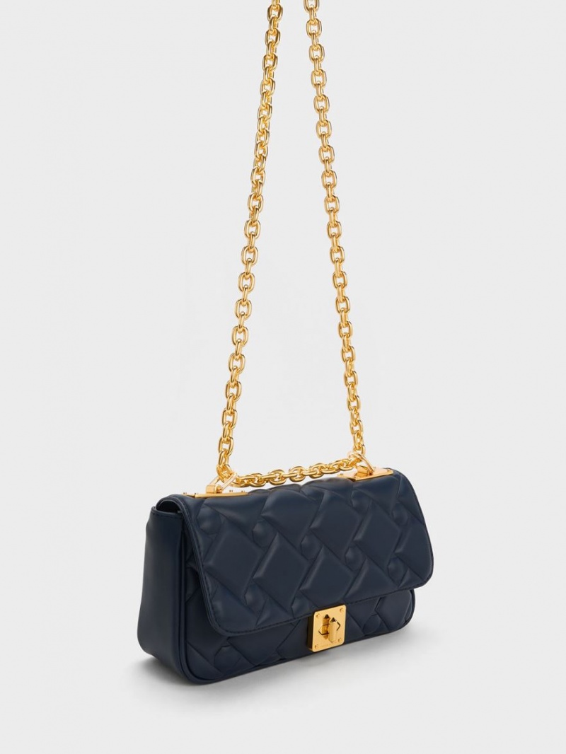 Charles And Keith Tillie Quilted Chain Crossbody Bags Navy | PHILIPPINES D463