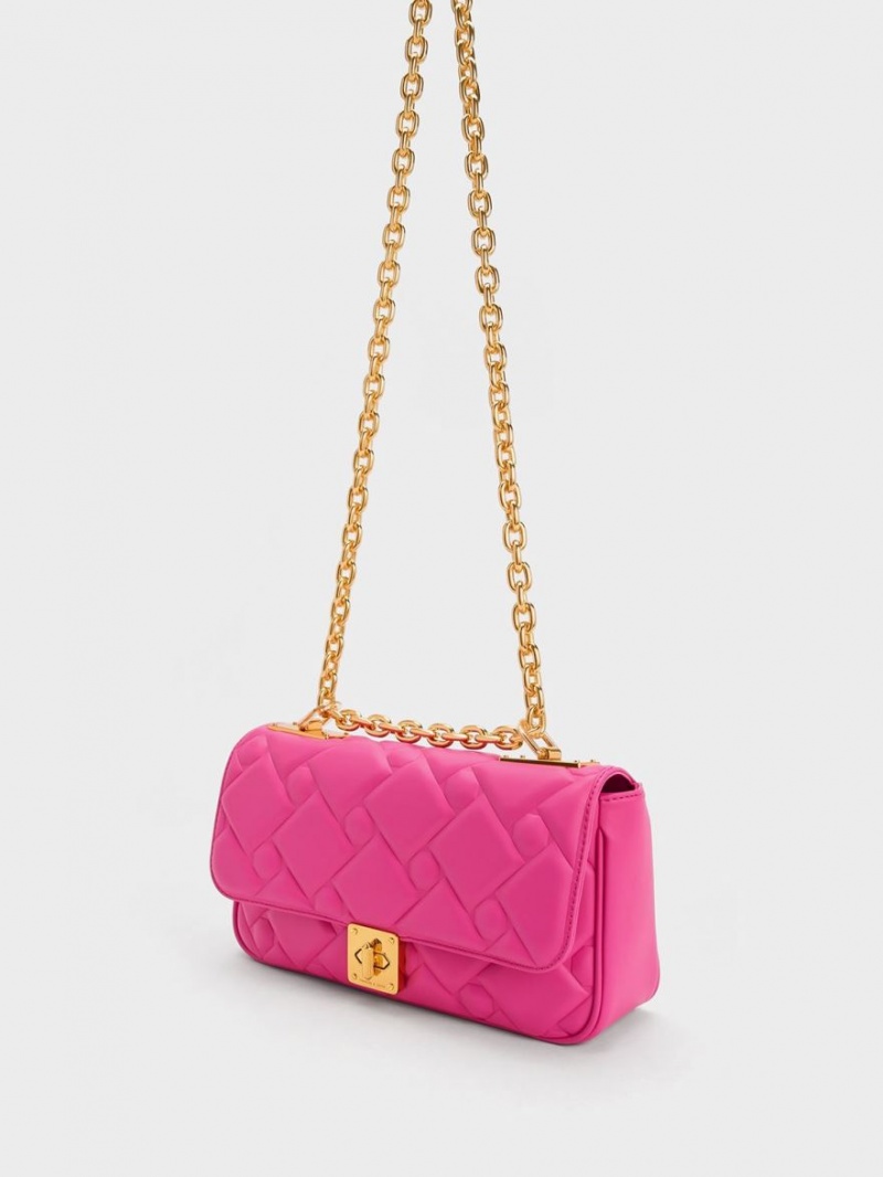 Charles And Keith Tillie Quilted Chain Crossbody Bags Fuchsia | PHILIPPINES Y250