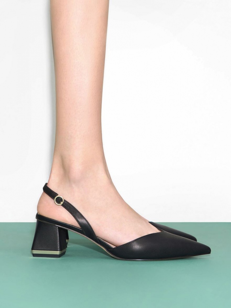 Charles And Keith Trapeze Heel Slingback Pumps Black | PHILIPPINES E613