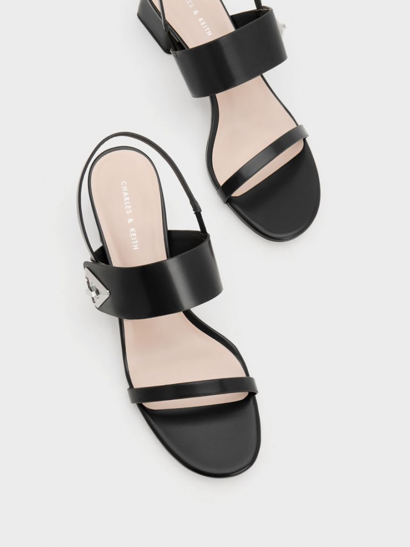 Charles And Keith Trice Metallic Accent Block Heels Sandals Black | PHILIPPINES T109