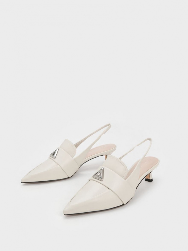 Charles And Keith Trice Metallic Accent Pointed-Toe Slingback Pumps White | PHILIPPINES R216