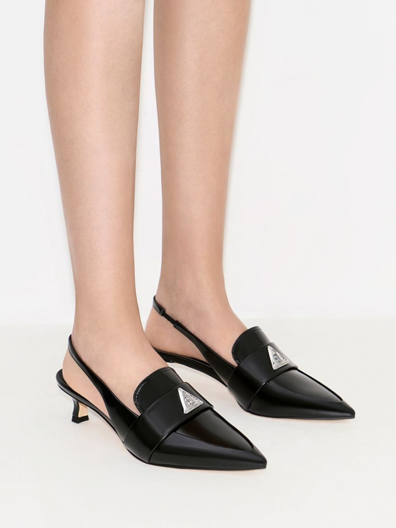 Charles And Keith Trice Metallic Accent Pointed-Toe Slingback Pumps Black | PHILIPPINES I637