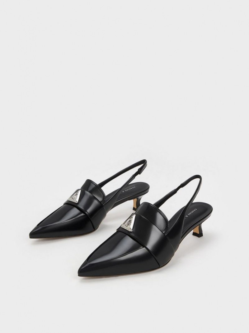 Charles And Keith Trice Metallic Accent Pointed-Toe Slingback Pumps Black | PHILIPPINES I637