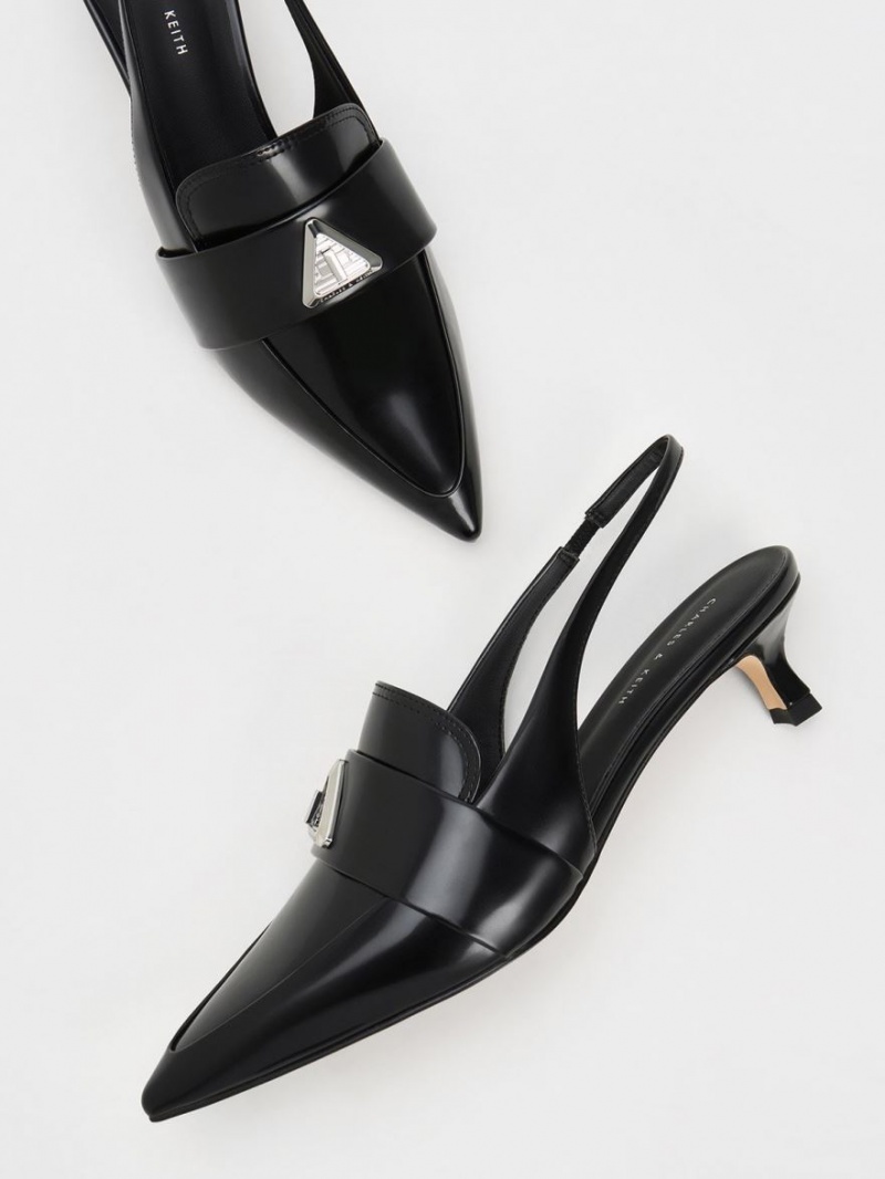 Charles And Keith Trice Metallic Accent Pointed-Toe Slingback Pumps Black | PHILIPPINES I637