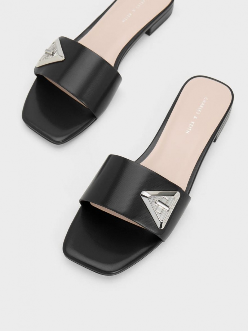 Charles And Keith Trice Metallic Accent Slide Sandals Black | PHILIPPINES B396