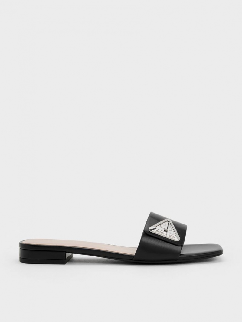 Charles And Keith Trice Metallic Accent Slide Sandals Black | PHILIPPINES B396