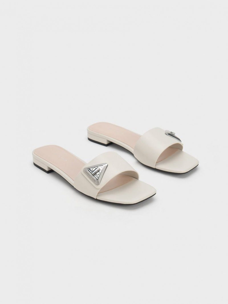 Charles And Keith Trice Metallic Accent Slide Sandals White | PHILIPPINES Q408