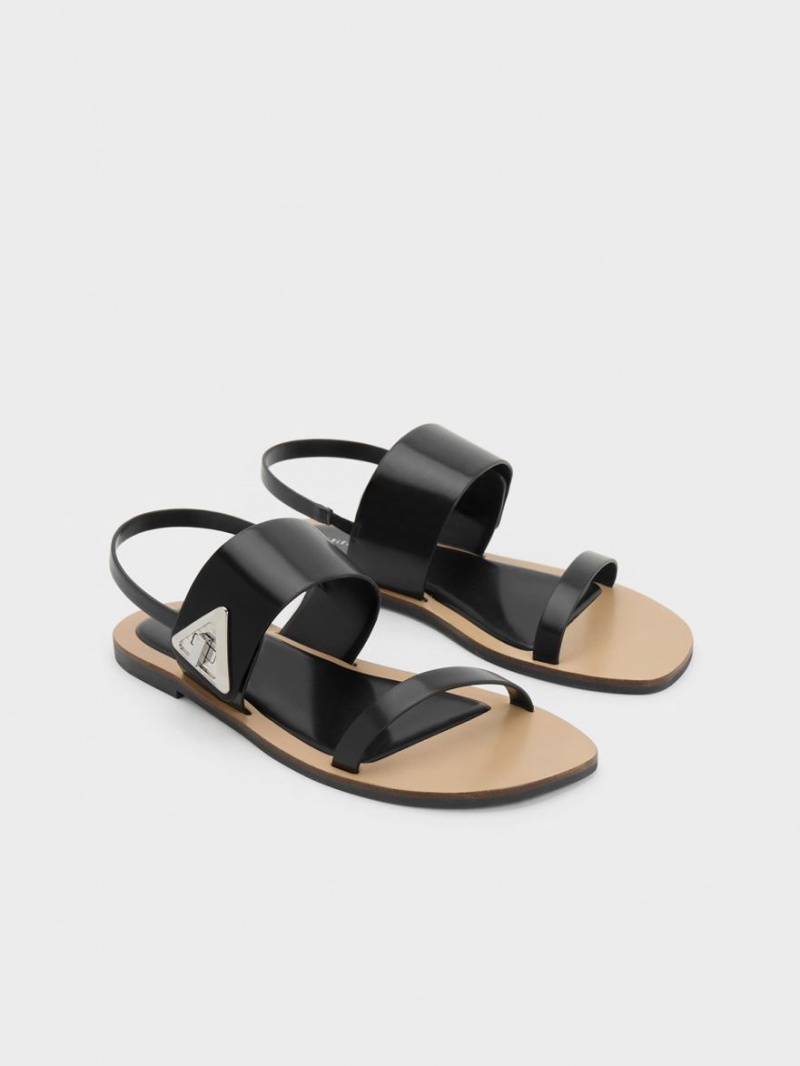 Charles And Keith Trice Metallic Accent Double Strap Sandals Black | PHILIPPINES L364