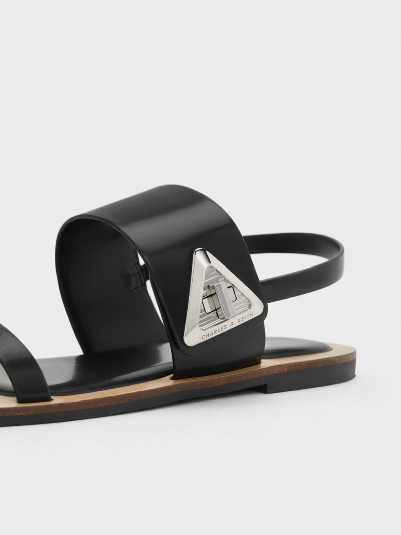 Charles And Keith Trice Metallic Accent Double Strap Sandals Black | PHILIPPINES L364