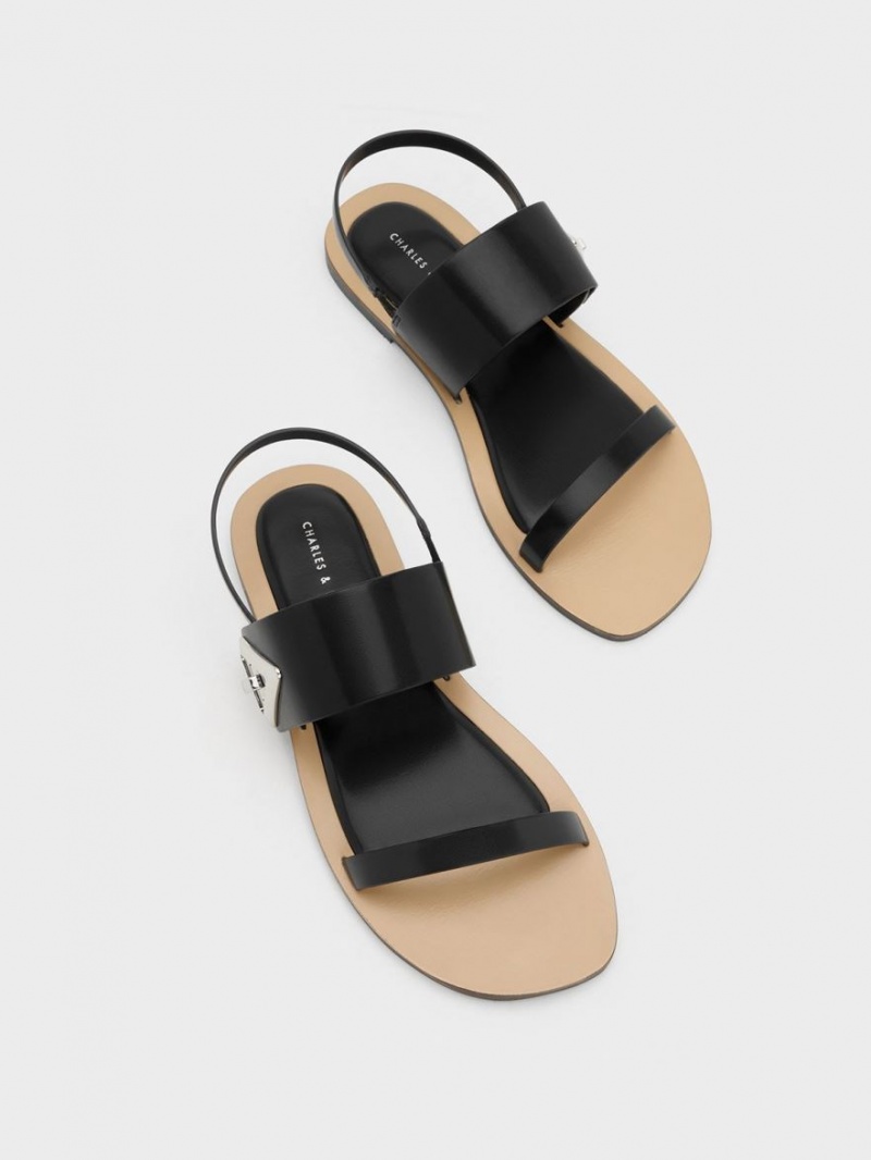 Charles And Keith Trice Metallic Accent Double Strap Sandals Black | PHILIPPINES L364