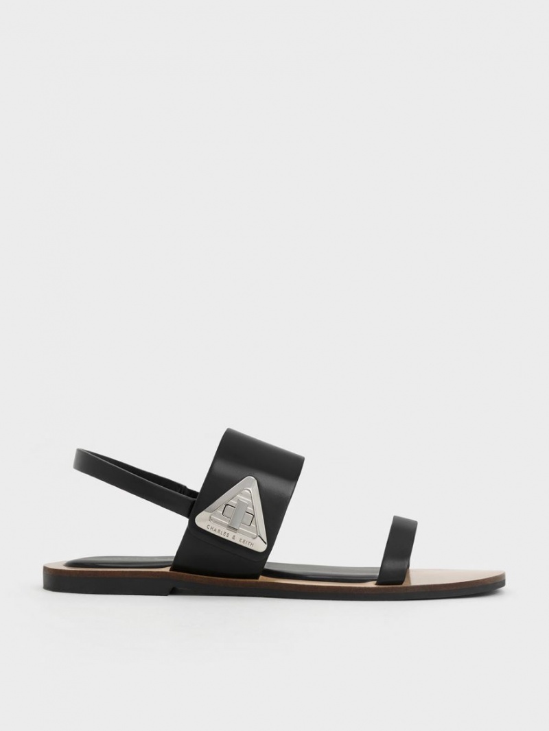 Charles And Keith Trice Metallic Accent Double Strap Sandals Black | PHILIPPINES L364