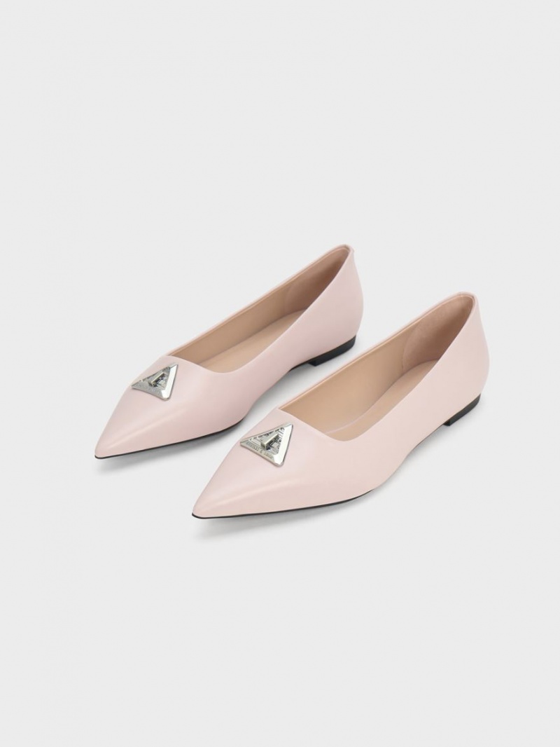 Charles And Keith Trice Metallic Accent Pointed-Toe Flat Shoes Pink | PHILIPPINES K938