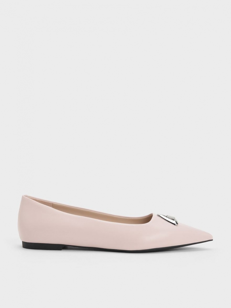 Charles And Keith Trice Metallic Accent Pointed-Toe Flat Shoes Pink | PHILIPPINES K938