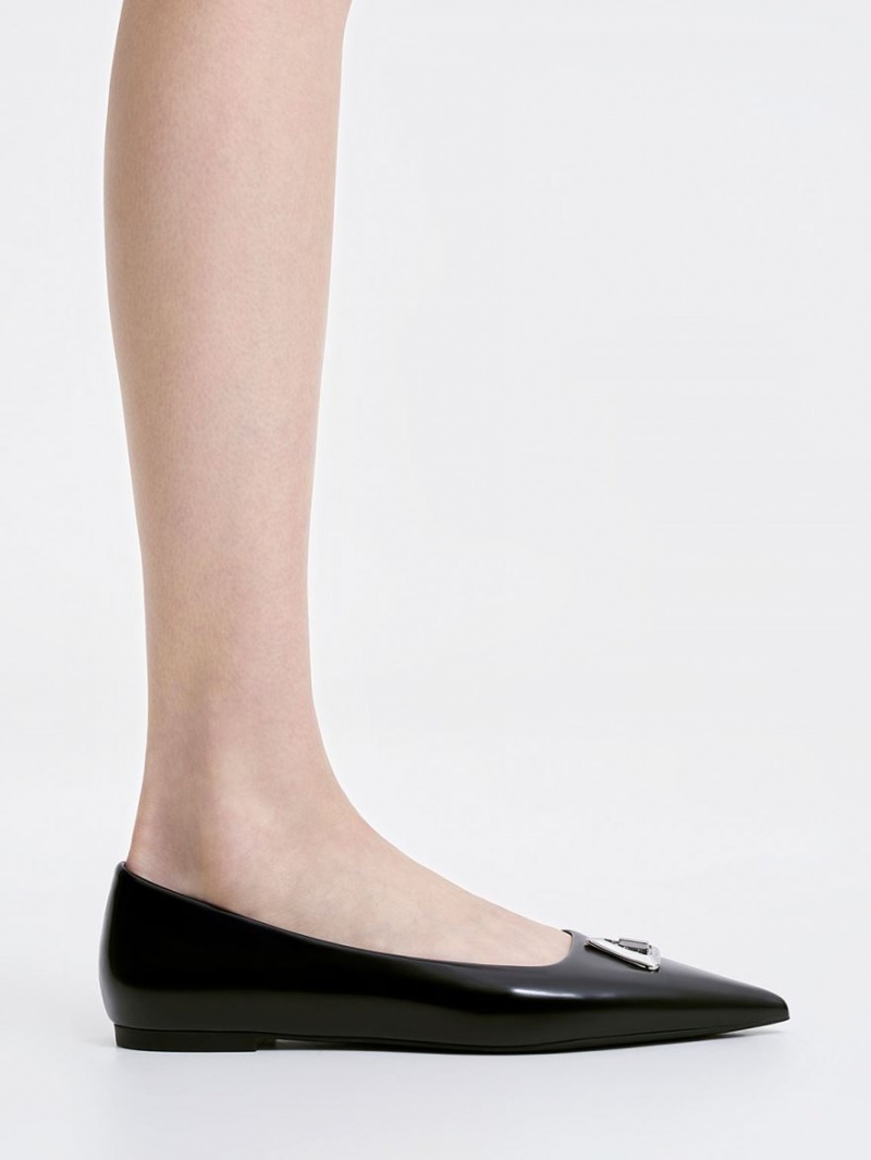 Charles And Keith Trice Metallic Accent Pointed-Toe Flat Shoes Black | PHILIPPINES M183