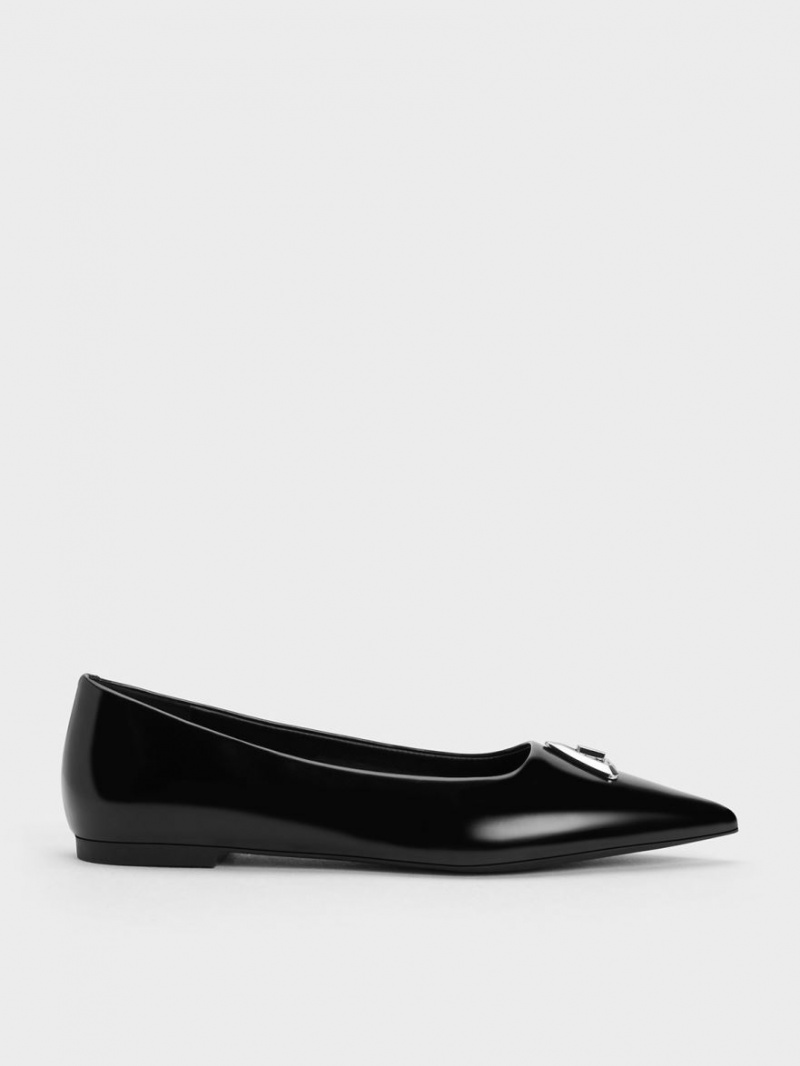 Charles And Keith Trice Metallic Accent Pointed-Toe Flat Shoes Black | PHILIPPINES M183