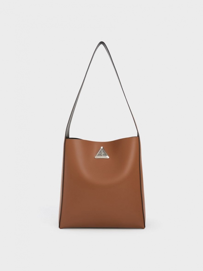 Charles And Keith Trice Metallic Accent Large Hobo Bag Brown | PHILIPPINES W683