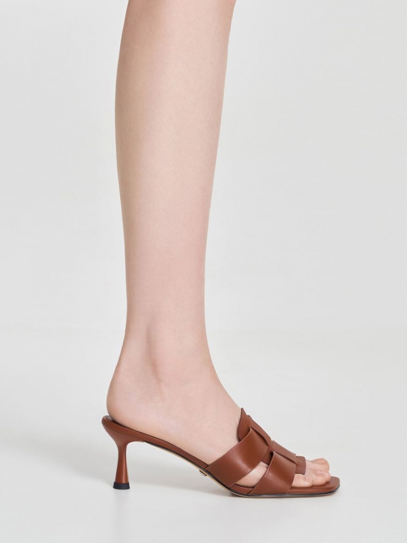 Charles And Keith Trichelle Interwoven Leather Spool Heel Mules Dark Brown | PHILIPPINES I490