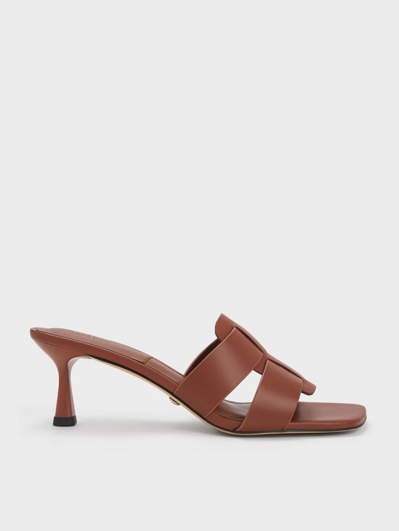 Charles And Keith Trichelle Interwoven Leather Spool Heel Mules Dark Brown | PHILIPPINES I490