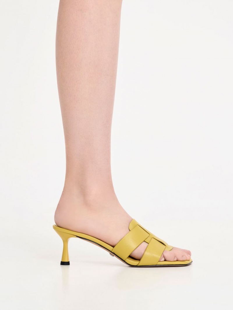 Charles And Keith Trichelle Interwoven Leather Spool Heel Mules Yellow | PHILIPPINES L495