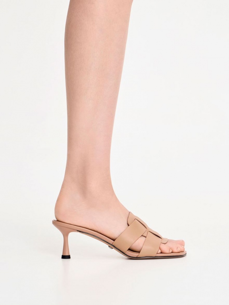 Charles And Keith Trichelle Interwoven Leather Spool Heel Mules Beige | PHILIPPINES P380