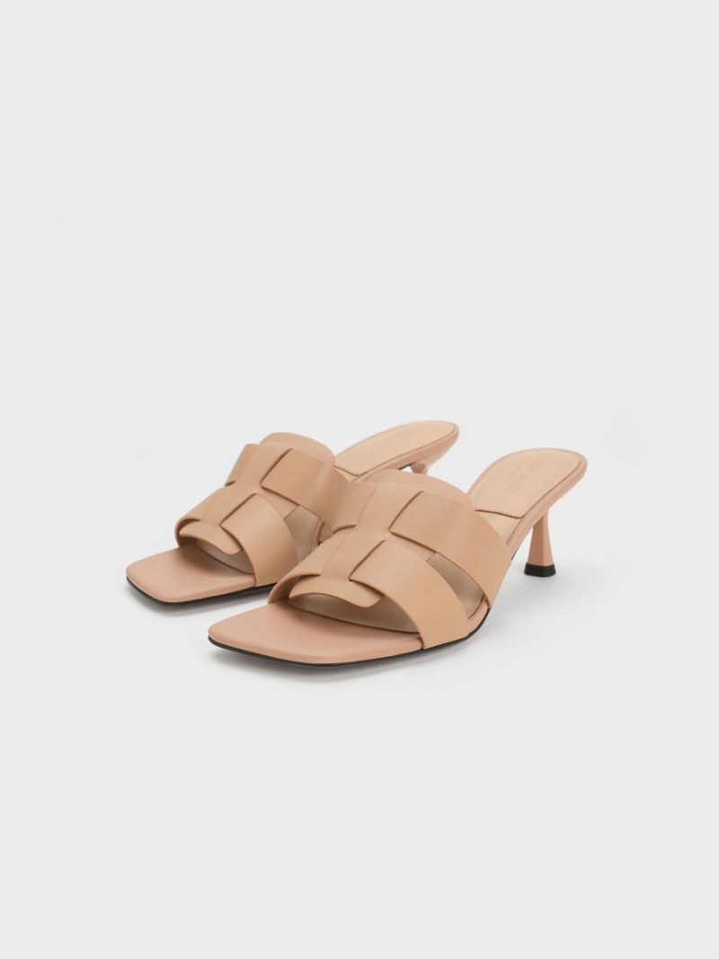 Charles And Keith Trichelle Interwoven Leather Spool Heel Mules Beige | PHILIPPINES P380