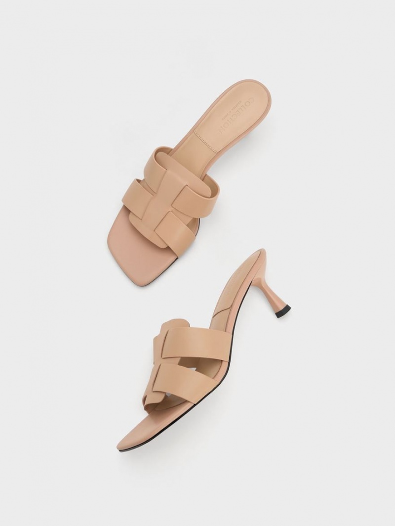 Charles And Keith Trichelle Interwoven Leather Spool Heel Mules Beige | PHILIPPINES P380