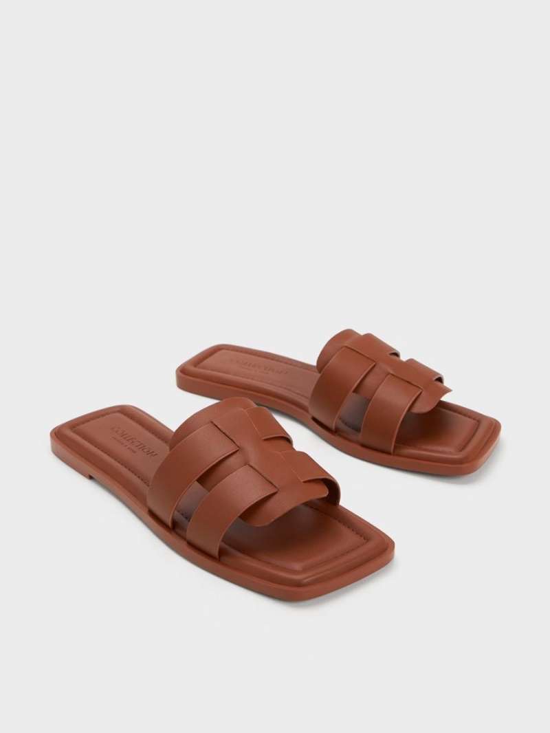 Charles And Keith Trichelle Interwoven Leather Slide Sandals Dark Brown | PHILIPPINES C592