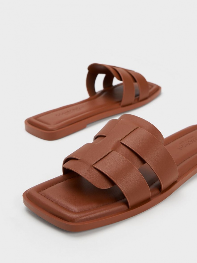 Charles And Keith Trichelle Interwoven Leather Slide Sandals Dark Brown | PHILIPPINES C592