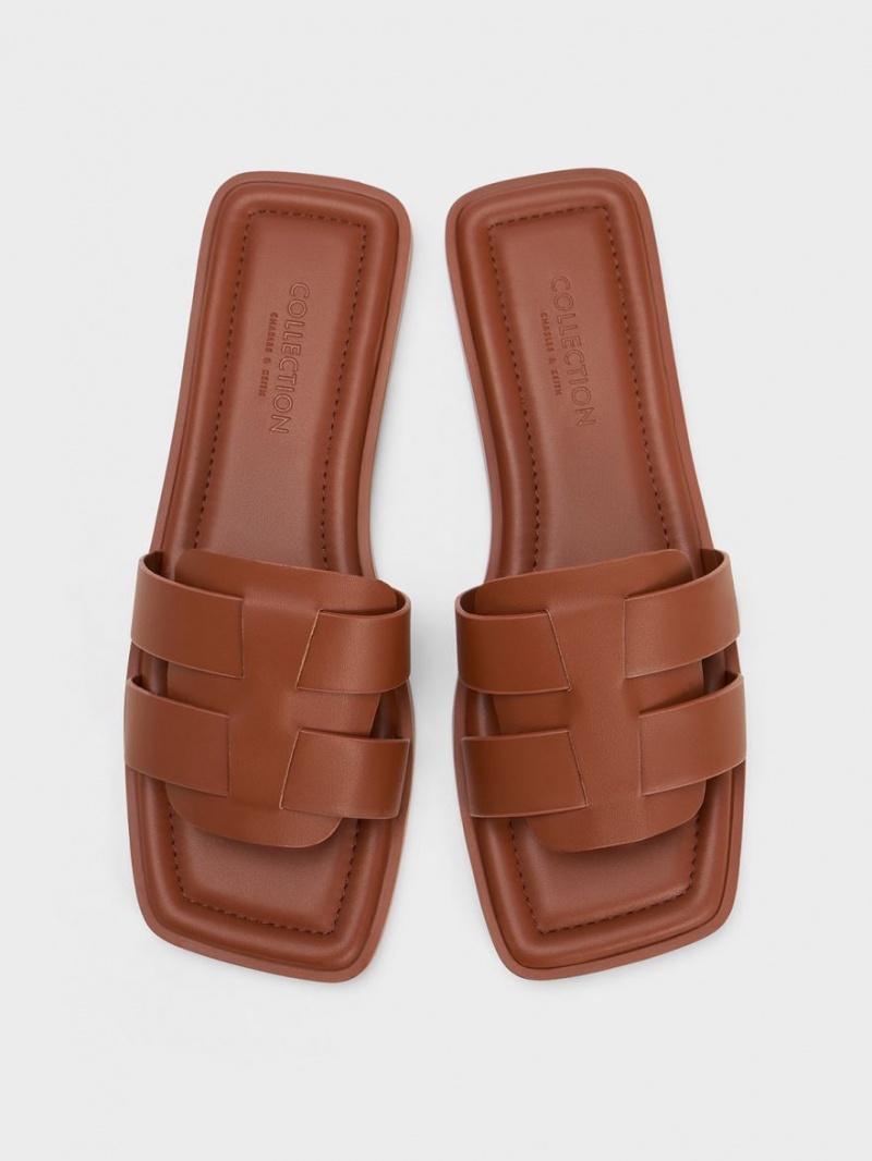 Charles And Keith Trichelle Interwoven Leather Slide Sandals Dark Brown | PHILIPPINES C592