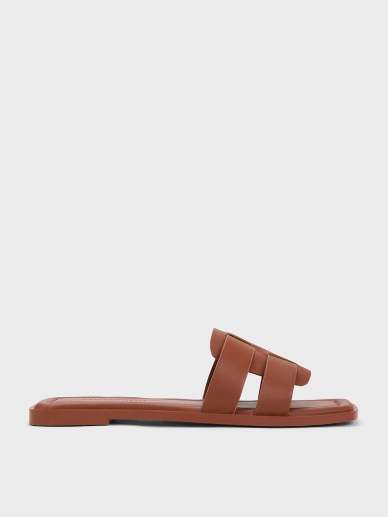 Charles And Keith Trichelle Interwoven Leather Slide Sandals Dark Brown | PHILIPPINES C592