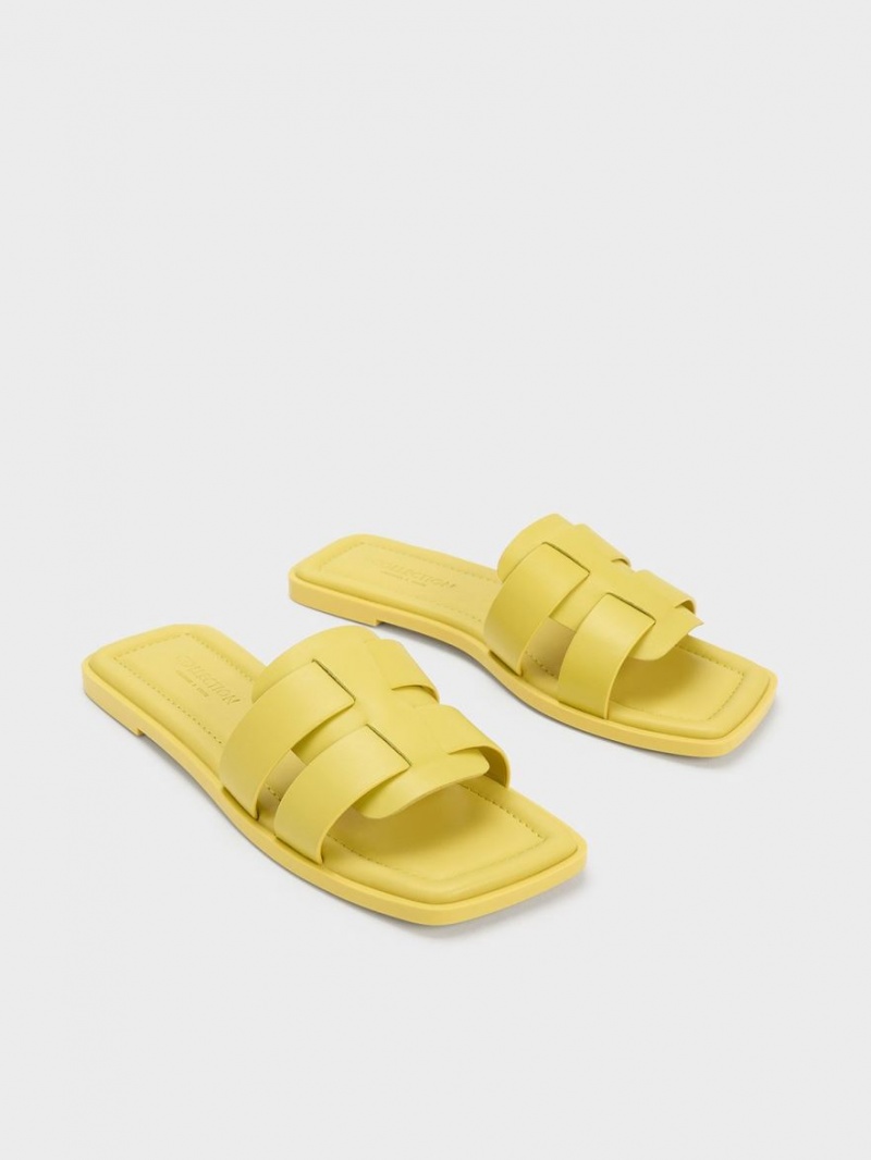 Charles And Keith Trichelle Interwoven Leather Slide Sandals Yellow | PHILIPPINES E754