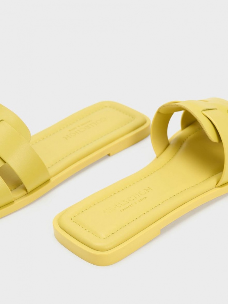 Charles And Keith Trichelle Interwoven Leather Slide Sandals Yellow | PHILIPPINES E754