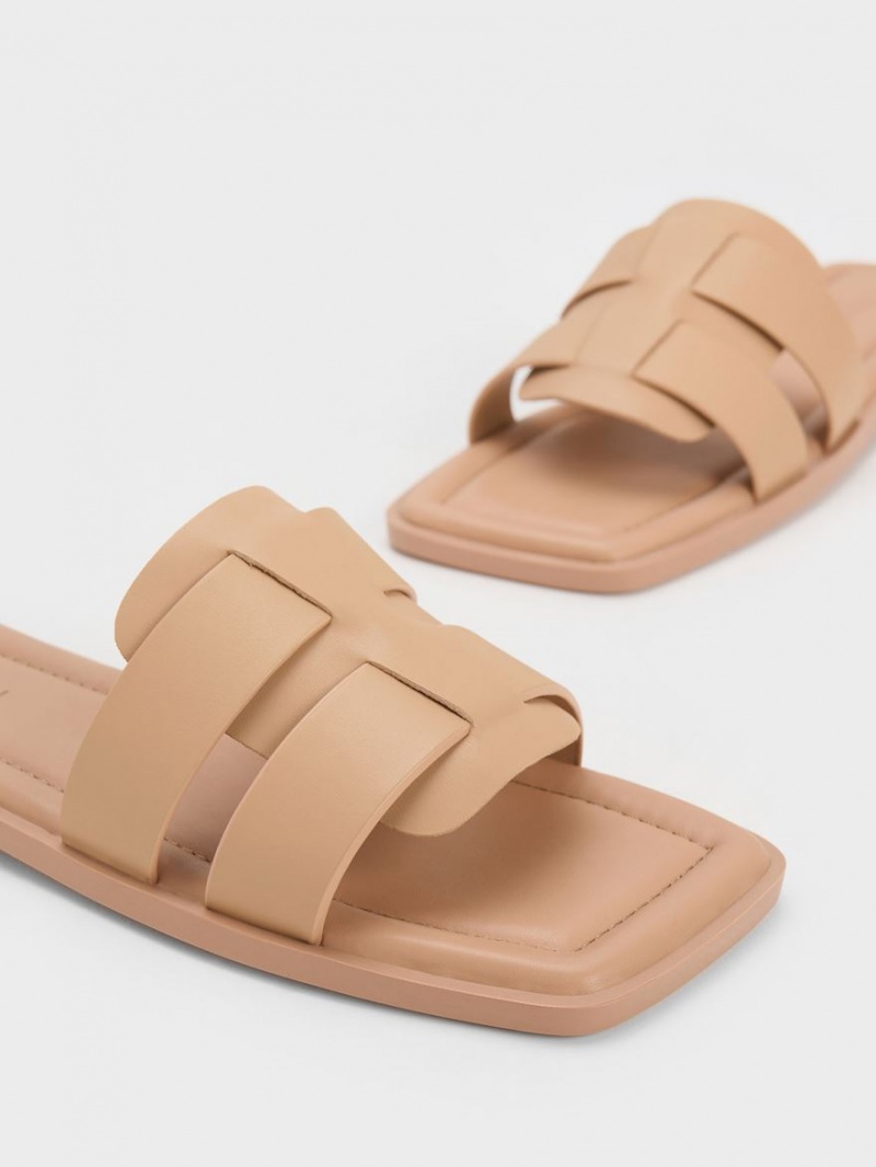 Charles And Keith Trichelle Interwoven Leather Slide Sandals Beige | PHILIPPINES L245