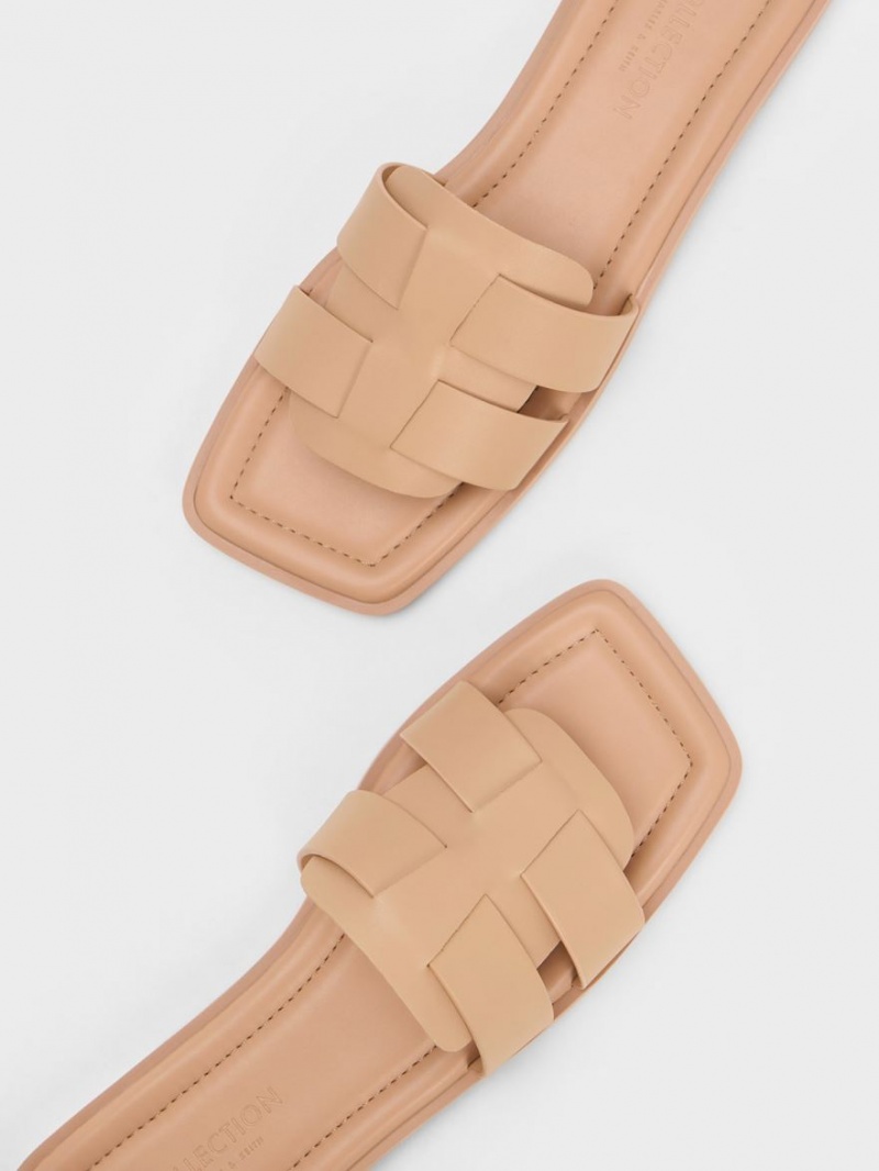 Charles And Keith Trichelle Interwoven Leather Slide Sandals Beige | PHILIPPINES L245