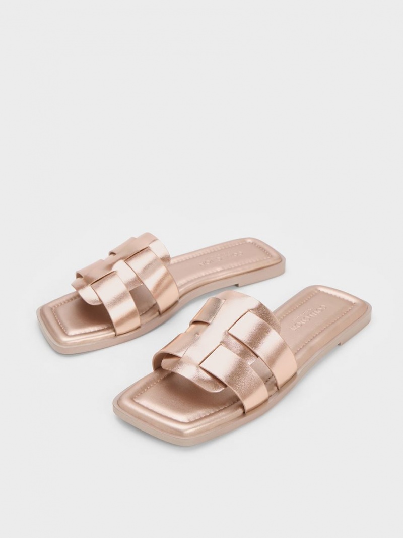 Charles And Keith Trichelle Interwoven Metallic Leather Slide Sandals Gold | PHILIPPINES R245