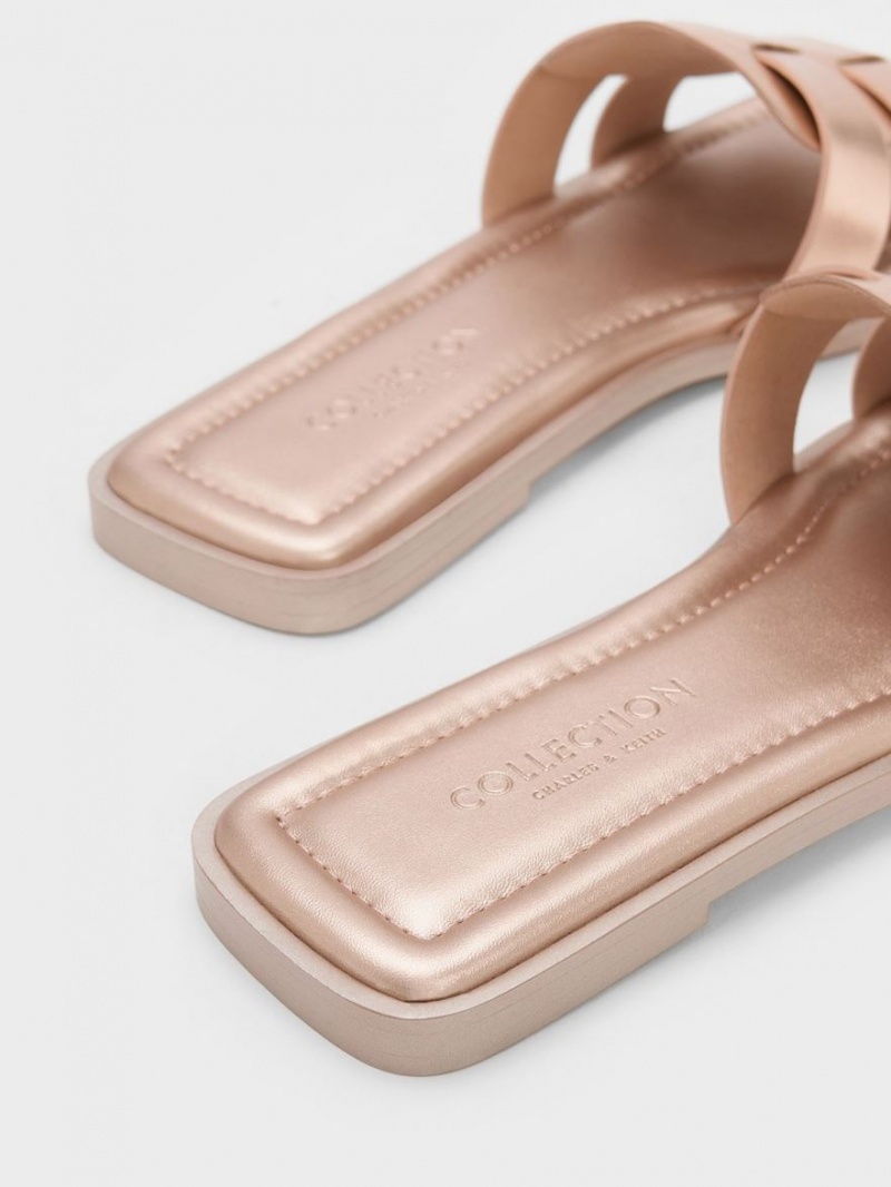 Charles And Keith Trichelle Interwoven Metallic Leather Slide Sandals Gold | PHILIPPINES R245