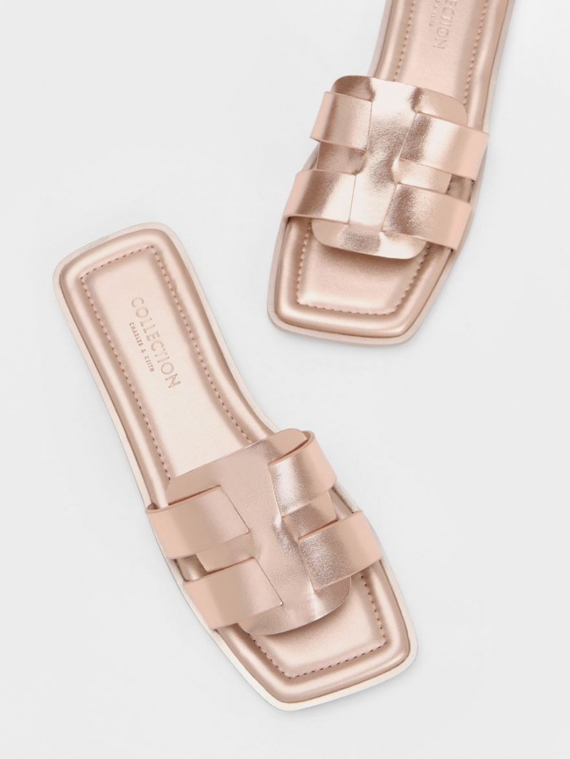 Charles And Keith Trichelle Interwoven Metallic Leather Slide Sandals Gold | PHILIPPINES R245