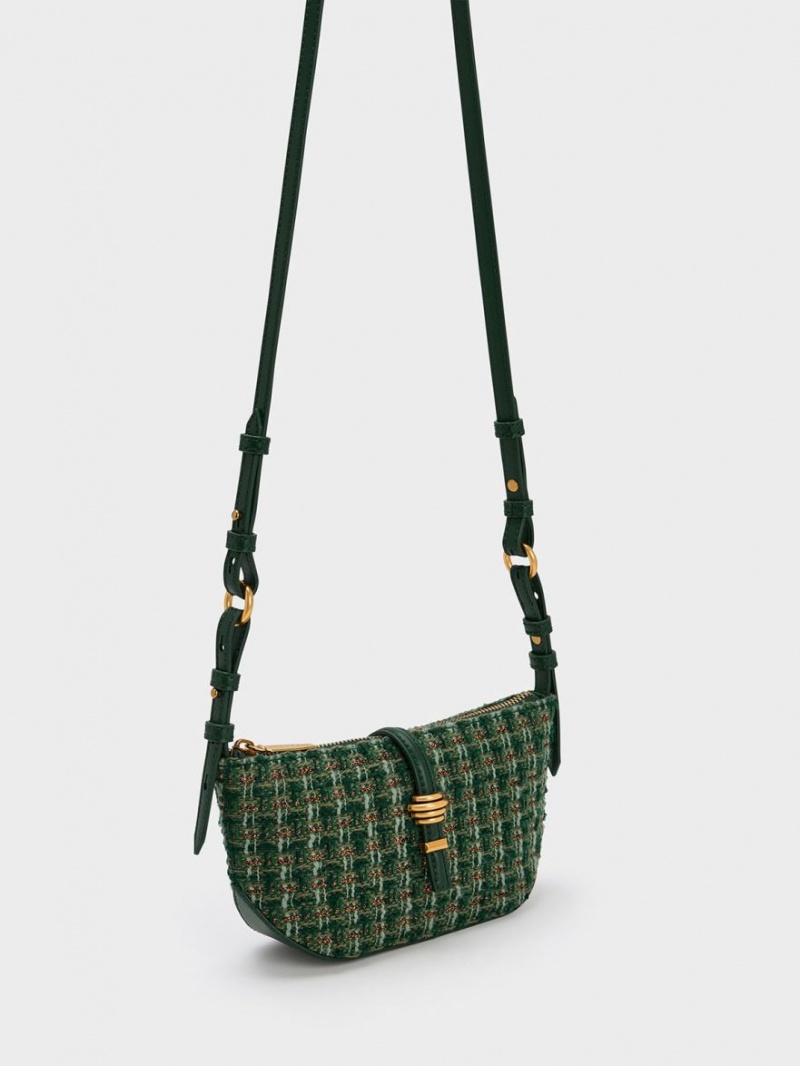 Charles And Keith Trudy Tweed Belted Geometric Shoulder Bags Dark Green | PHILIPPINES D913