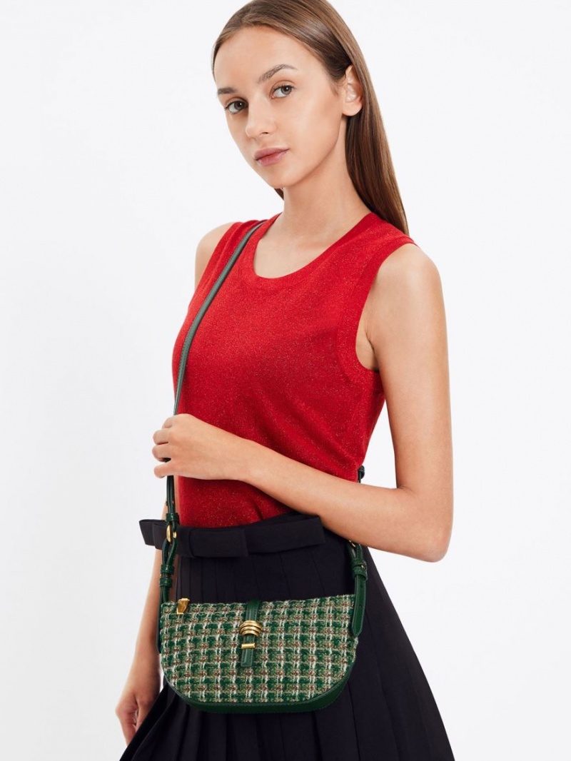 Charles And Keith Trudy Tweed Belted Geometric Shoulder Bags Dark Green | PHILIPPINES D913